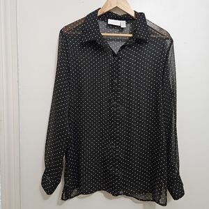 Chicos Polka Dot Black Sheer Longsleeve Button Shirt Size Large